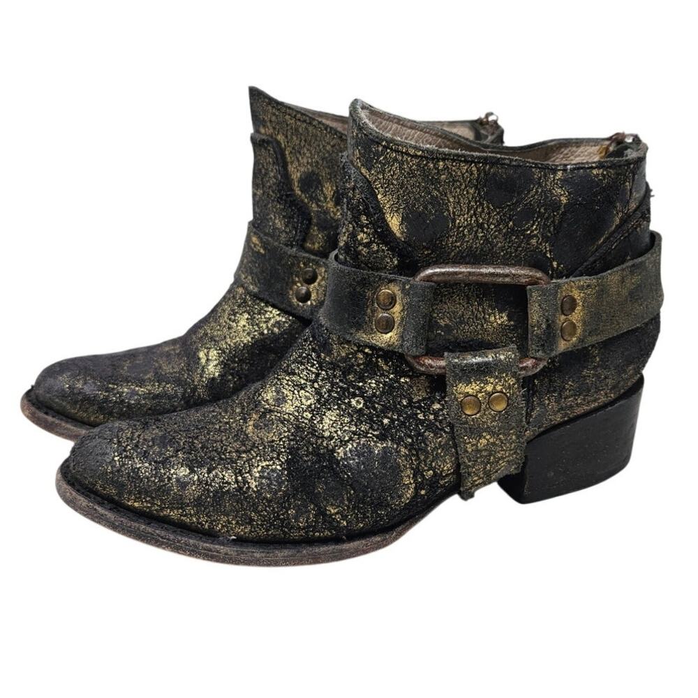 Freebird Phlow 6 Gold Metallic Brown Ankle Boot Harness Western Boho Biker